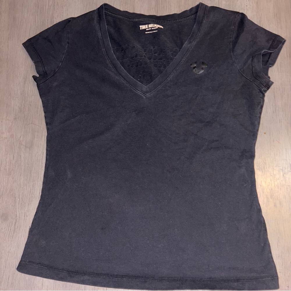 True Religion Women's Black Short Sleeve V-Neck Tee